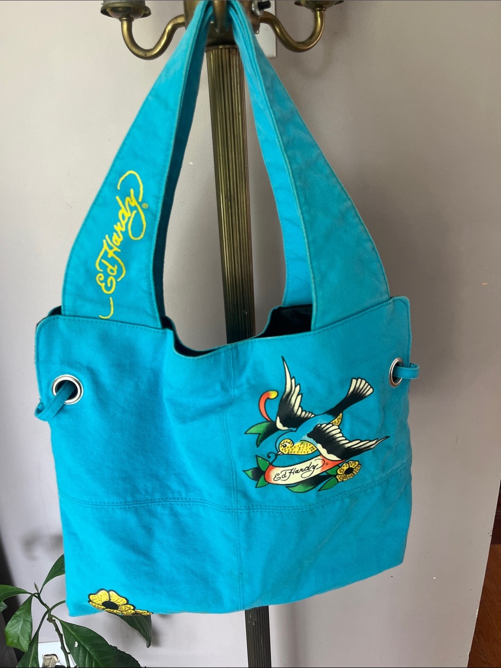 Ed Hardy “Pacific Blue” Canvas Tote Bag with Bird and Floral Motifs